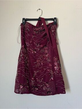Strapless Burgundy Beaded Floral Mini Dress w/ Scarf